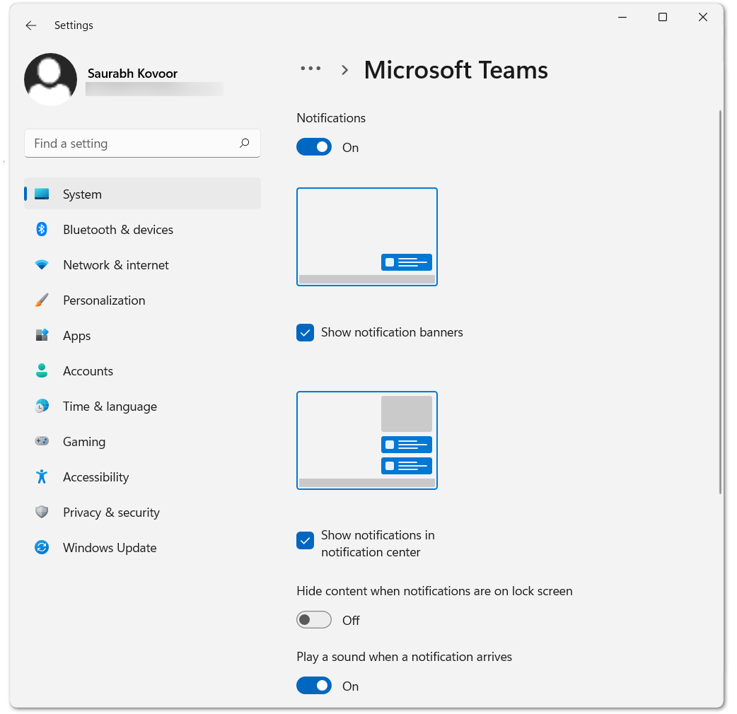 enable notification settings for Microsoft Teams application in system settings on Windows to fix Microsoft Teams desktop notifications not working on Windows or macOS