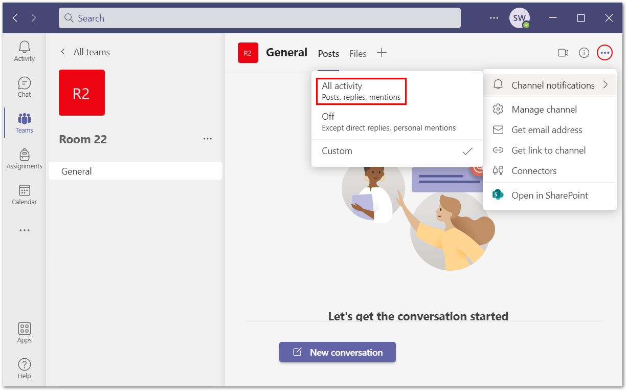 Check and enable notification settings for Microsoft Teams group to fix Microsoft Teams desktop notifications not working on Windows or macOS