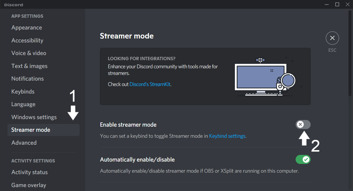 disable Streamer mode on Discord through user settings to fix the Discord search bar or function not working or showing no results