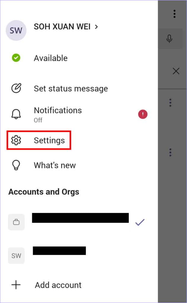 access settings menu on Microsoft Teams app to sign out and sign back in to fix Microsoft Teams contacts and calendar not showing, updating, or syncing with Outlook
