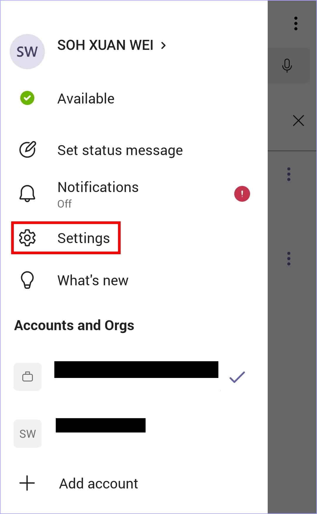access settings menu on Microsoft Teams app to sign out and sign back into the app and fix mobile notifications not working or showing on iOS or Android