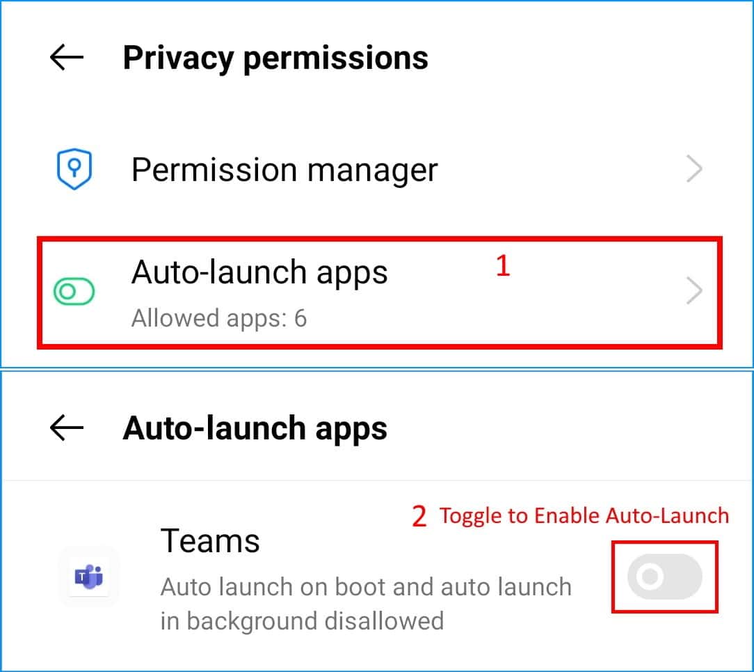 enable auto-start for Microsoft Teams app to fix Microsoft Teams mobile notifications not working or showing on Android