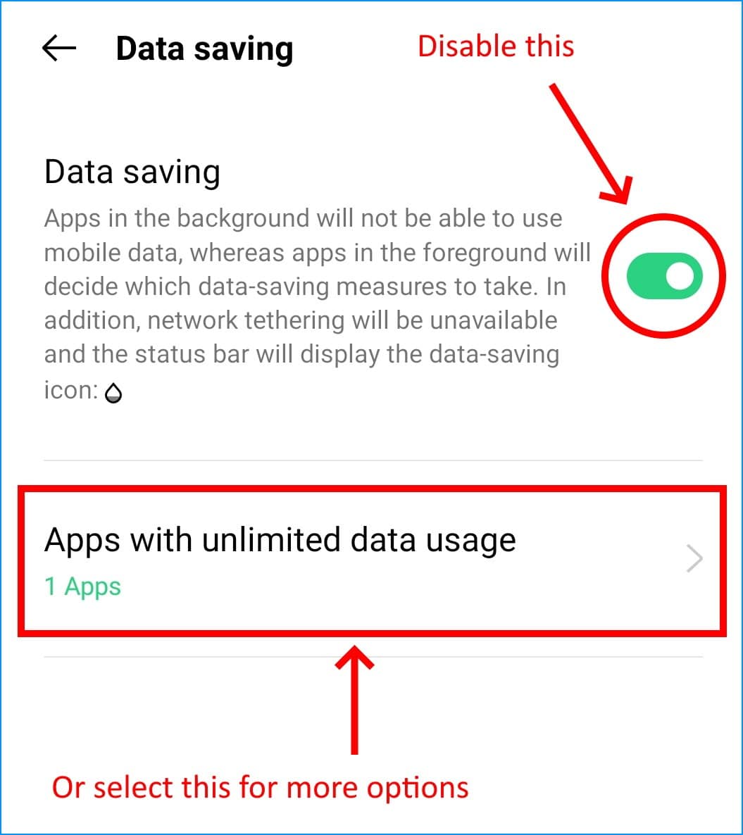 disable data saving mode on Android to fix Microsoft Teams mobile notifications not working or showing