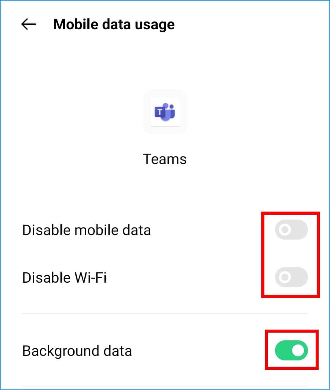 allow background data usage for Microsoft Teams app on Android to fix mobile notifications not working or showing