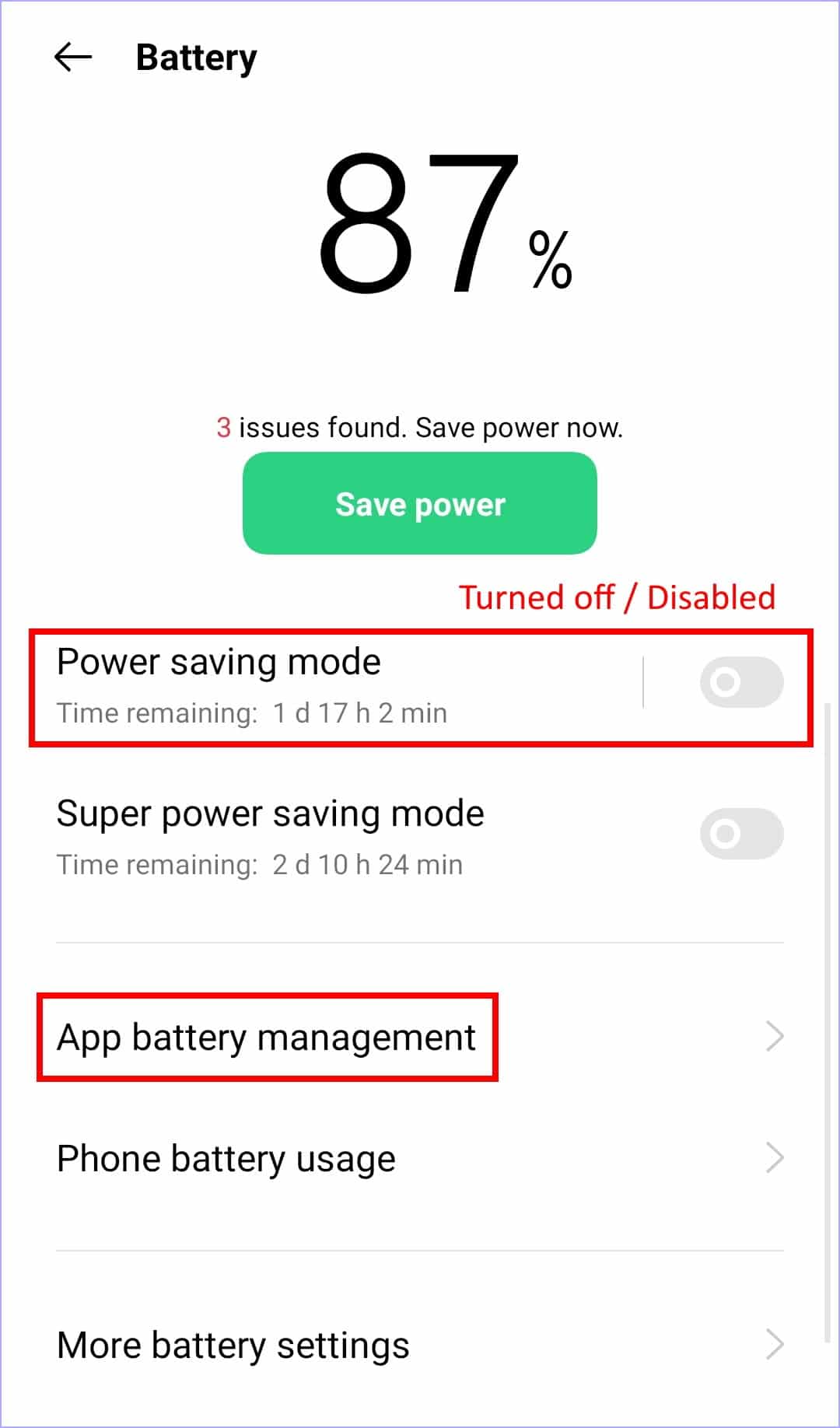 disable power saving mode on Android to fix Microsoft Teams mobile notifications not working or showing