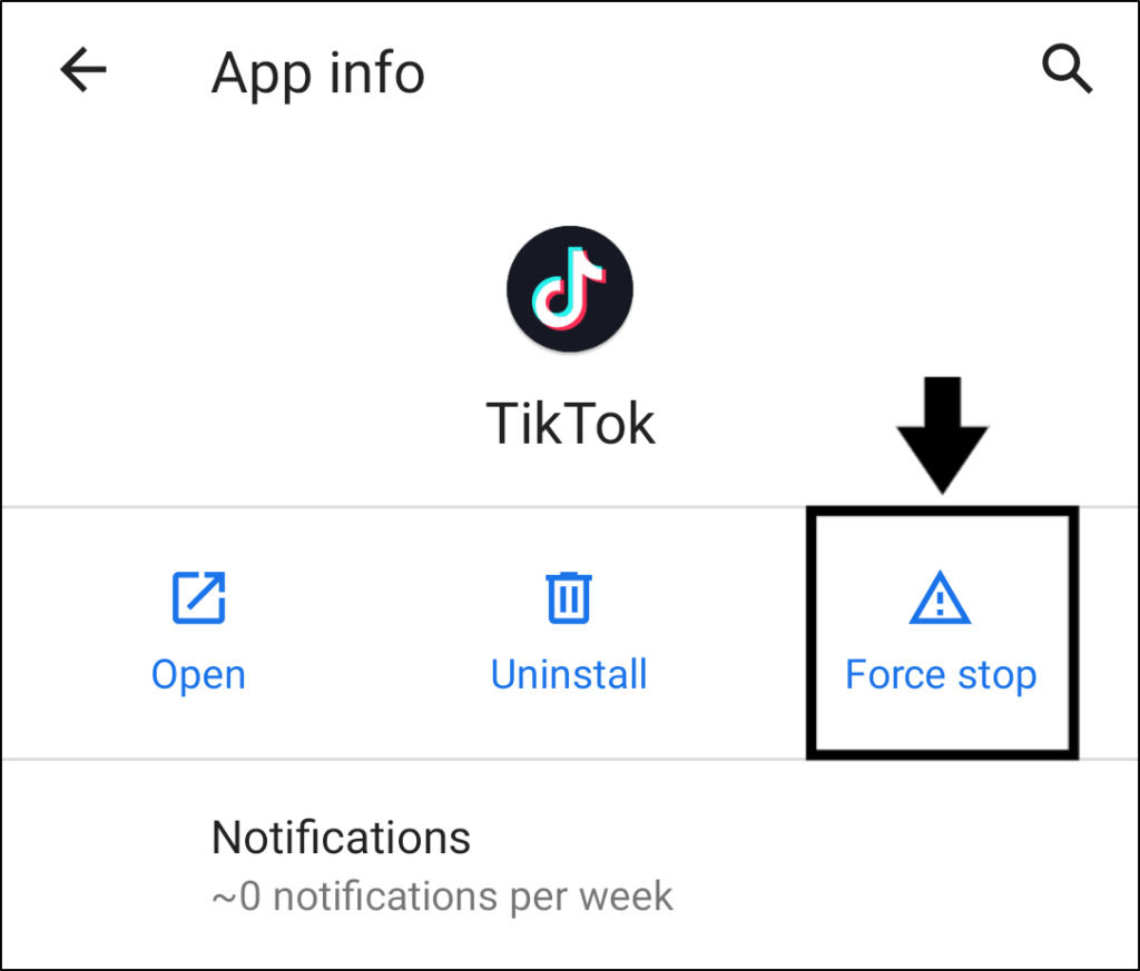 force stop TikTok app to restart it on Android if your TikTok app keeps crashing, closing, stopped working, not opening or responding