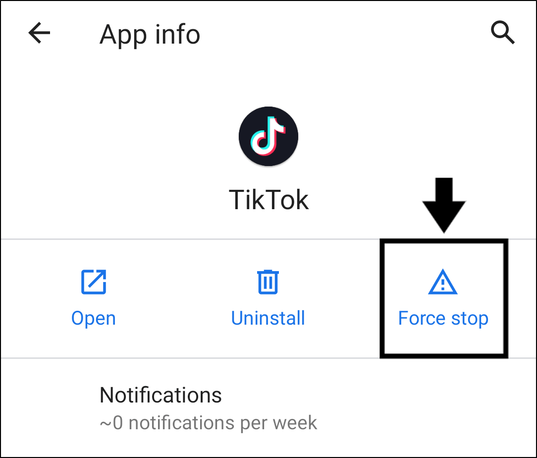 force stop TikTok app to restart it on Android to fix TikTok videos buffering, freezing, lagging or not loading or playing
