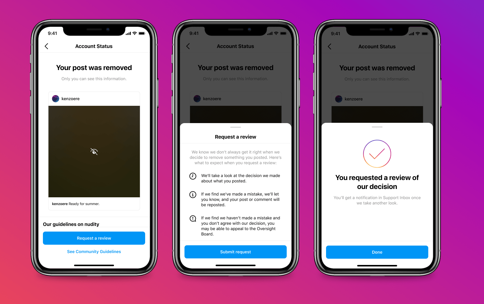 Instagram "Your post was removed" review request