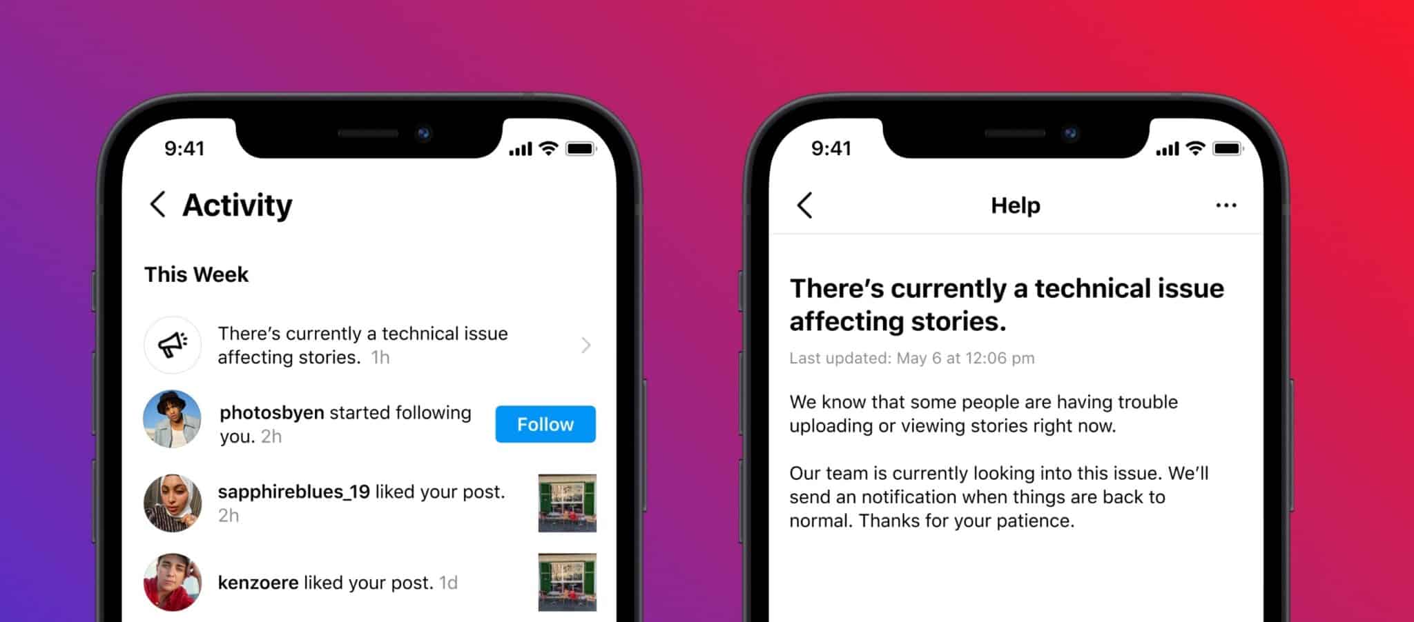Instagram "There's currently a technical issue affecting stories" error message