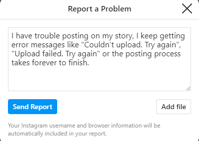 submit a report to notify instagram on your story upload issues