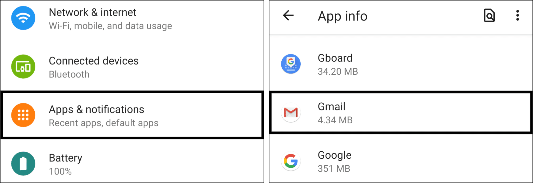 access Gmail app settings in system settings on Android to clear cache data to fix Gmail search not working, finding emails, or showing no results
