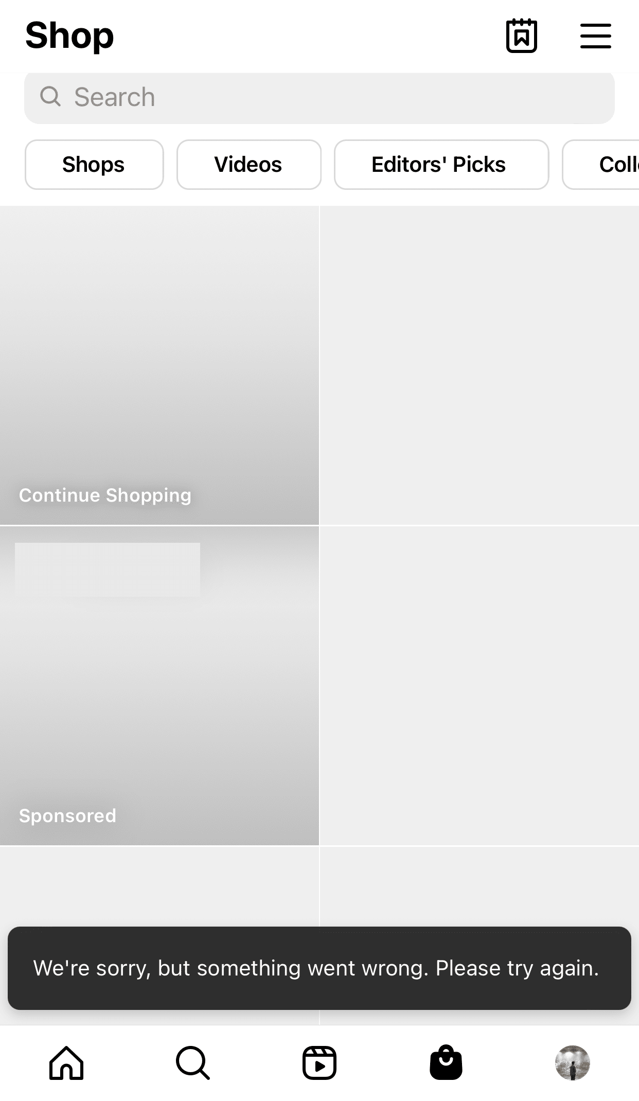 something went wrong, please try again later error on instagram when viewing Shop page