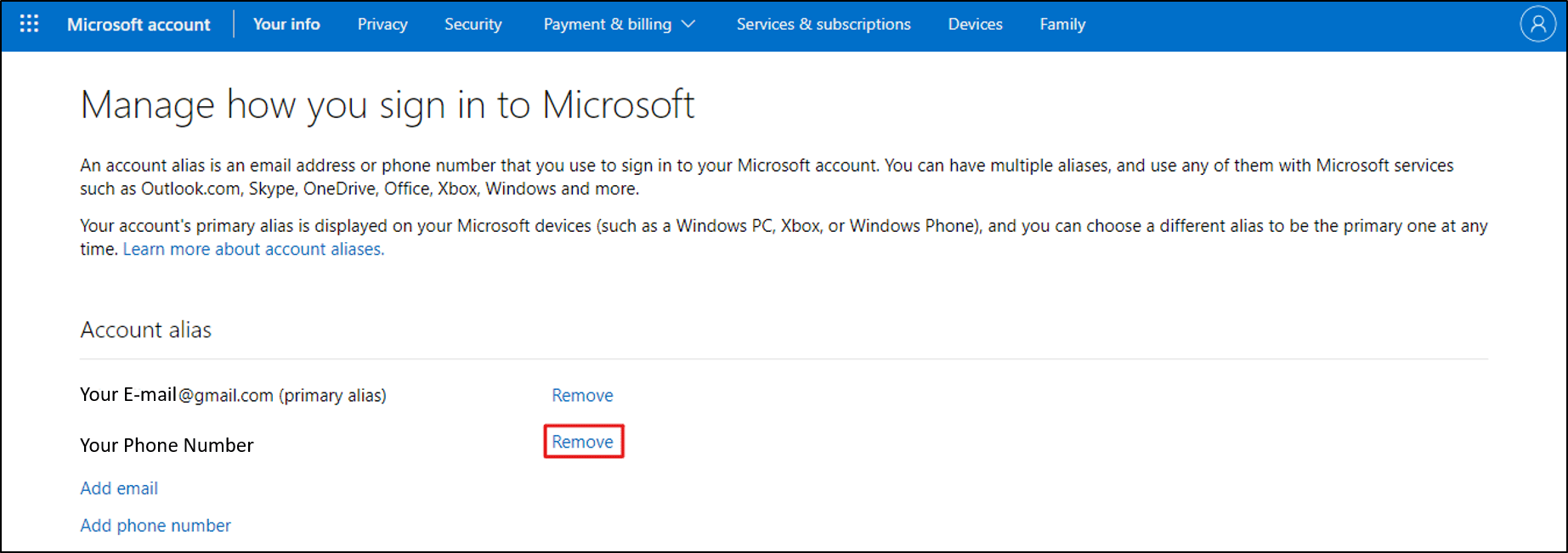 remove phone number from Microsoft account to fix Microsoft Teams "Failed to Update Your Profile" or Picture Not Showing