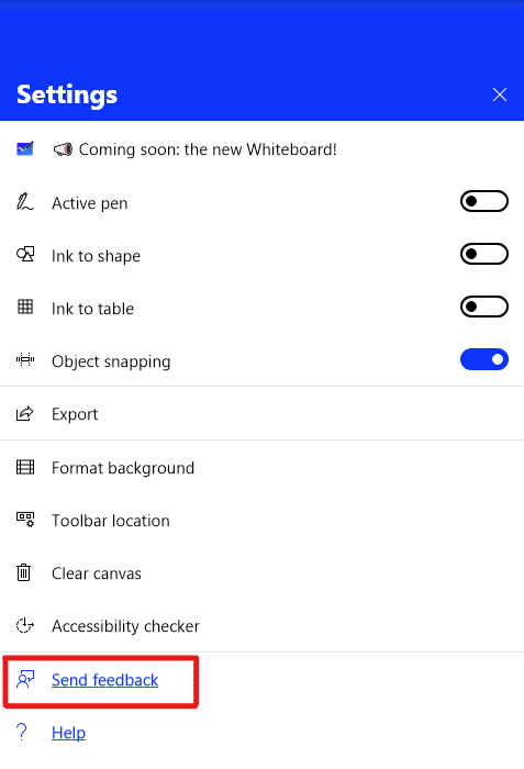 send feedback via the whiteboard client app settings to fix Microsoft Whiteboard not launching, showing, loading or working with Teams