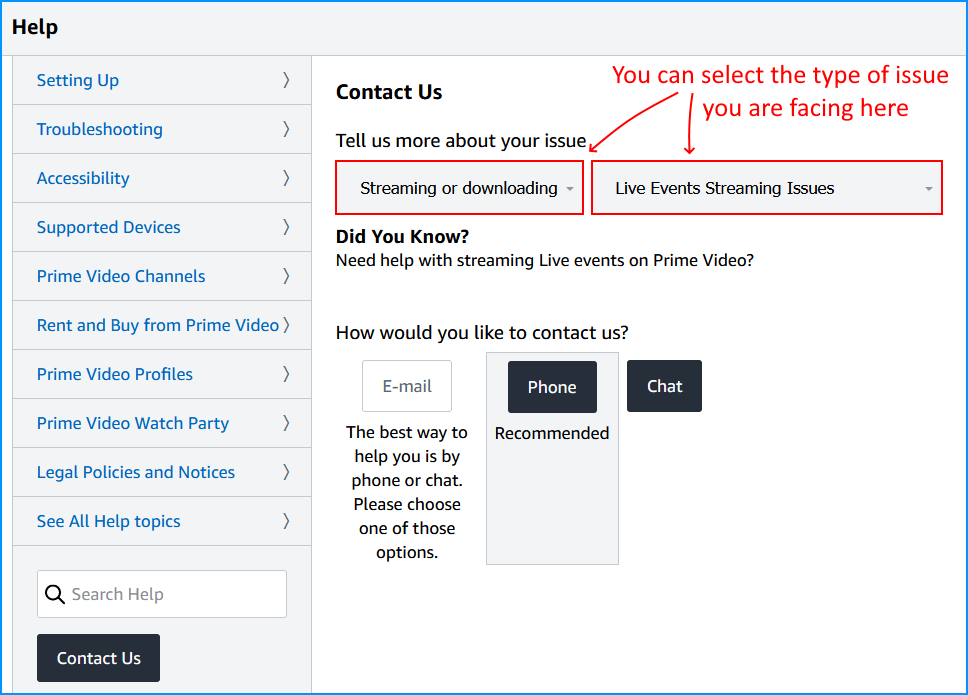 contact Amazon Prime Video Help Center through website to fix not playing stream or titles/movies or the video player not working, Video Unavailable, Something Went Wrong error message