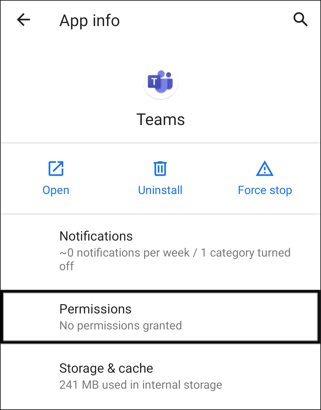 allow Microsoft Teams app permission on Android to fix Microsoft Teams files and folders not showing, loading, or downloading