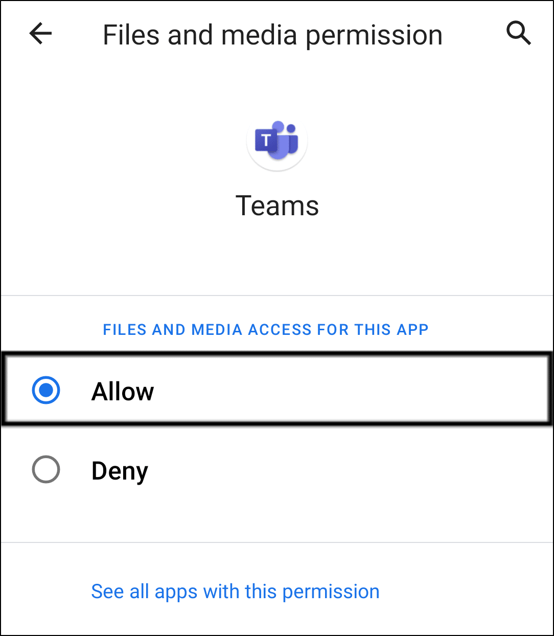 allow Microsoft Teams app permission to device Files and Media on Android to fix Microsoft Teams files and folders not showing, loading, or downloading