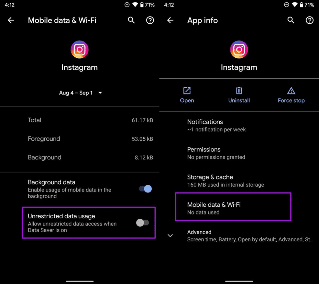 Give Unrestricted Data Usage (Android) to fix Instagram feed, homepage or Explore page not refreshing, updating, loading or "Couldn't Refresh Feed"