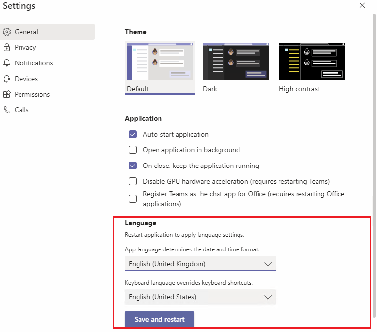 change the language settings on the teams app to fix Microsoft Teams images, pictures, photos, GIFs, videos not showing, loading, displaying or playing