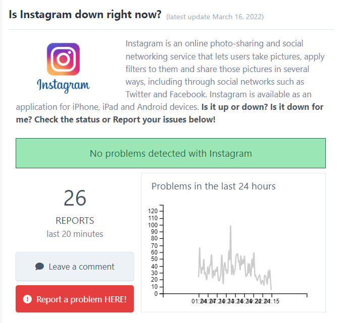 use servicesdown to check instagram server status to fix Instagram hashtags not showing or working on posts, reels or stories