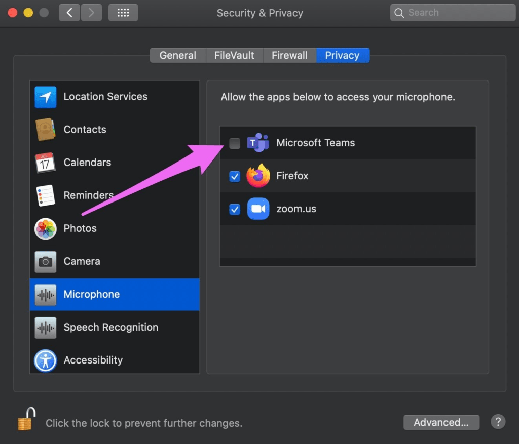 allow microphone for teams on your macos privacy settings to fix Microsoft Teams no sound, poor audio quality, voice delay, echo issue or unmute/microphone not working, detected or recognizing