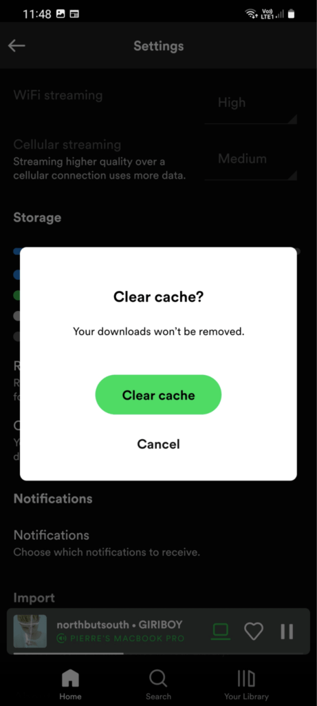 clear spotify cache and app data through the app settings to fix Spotify app keeps crashing, closing, stopping, restarting randomly, quitting