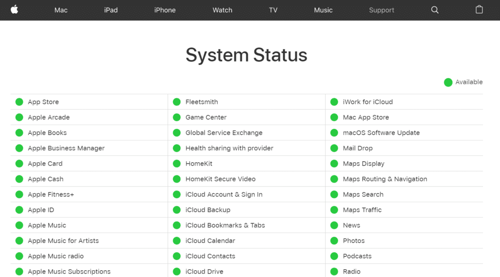 Check the Apple TV+ Server Status Through the Apple Official Support Page if Apple TV+ video unavailable, not working, loading, playing, keeps buffering or streaming issues