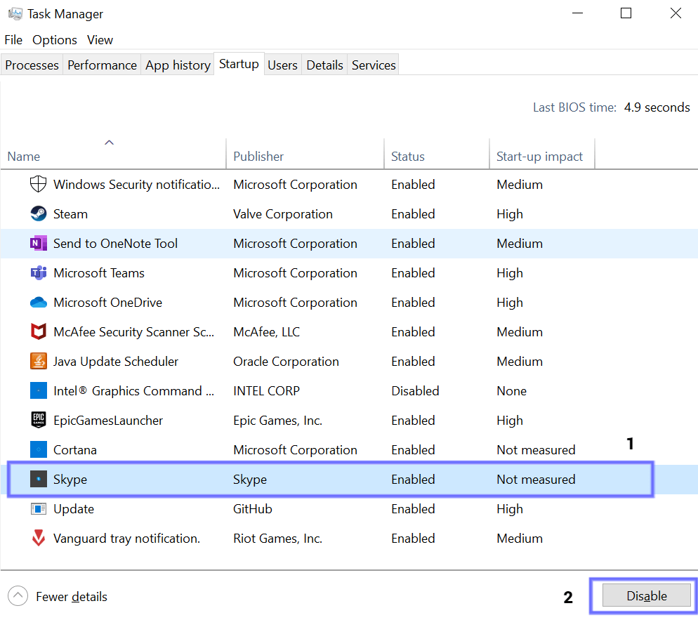 disable skype from launching on startup to fix Microsoft Teams no sound, poor audio quality, voice delay, echo issue or unmute/microphone not working, detected or recognizing