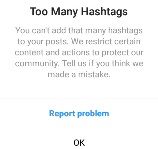 too many hashtags error on instagram causing hashtags not showing or working on posts, reels or stories