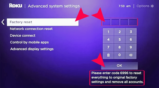 factory reset your Roku device to fix Apple TV+ video unavailable, not working, loading, playing, keeps buffering or streaming issues