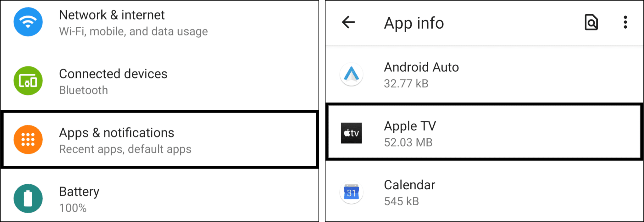 access Apple TV app settings in system settings on Android to clear app cache data to fix Apple TV+ video unavailable, not working, loading, playing, keeps buffering or streaming issues