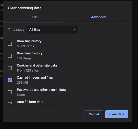 Clear browsing data on Google Chrome