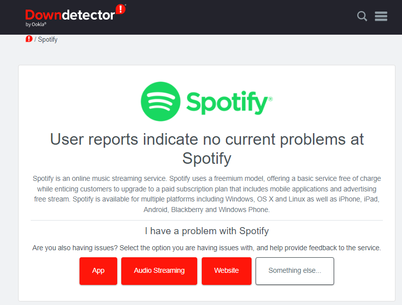 Inspect the Spotify server status on Downdetector to fix Spotify has no sound