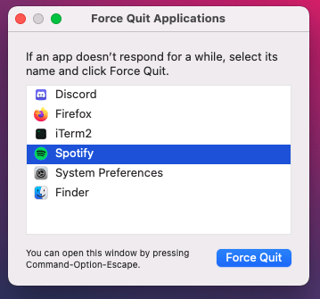 Force close and restart Spotify on macOS to fix spotify can't play this right now error