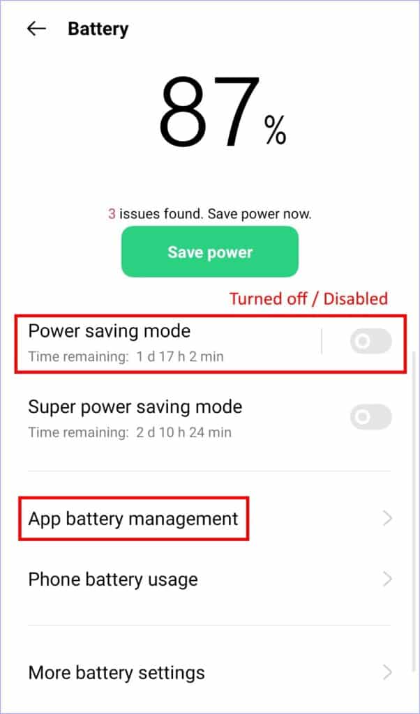 Turn off low power mode on Android