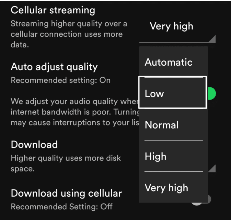 Set cellular streaming quality to low on mobile