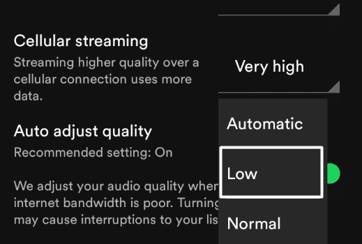 Turn off high-quality streaming on the Spotify mobile app