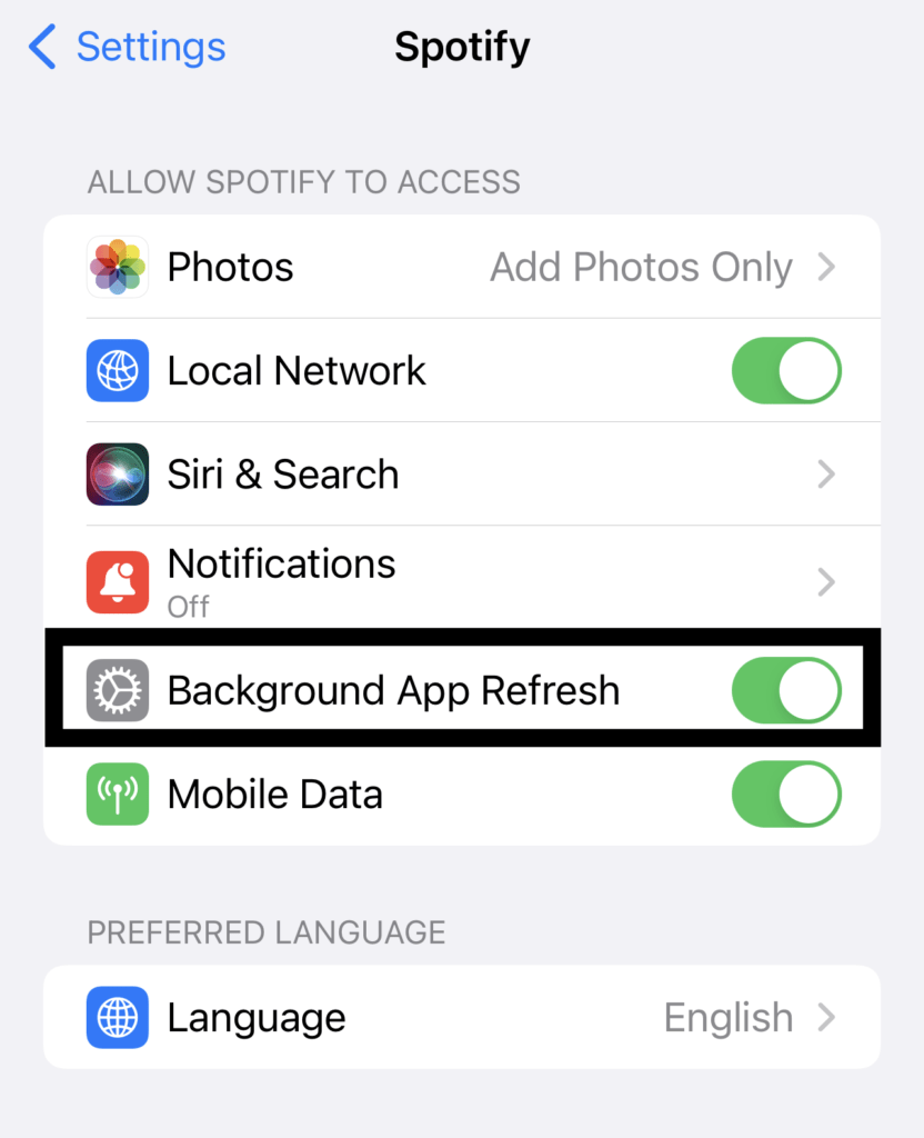 Allow background activity for the Spotify app on iOS to fix Spotify not working in background