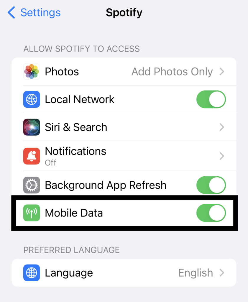 Allow Spotify to use data to run in the background on iOS to fix Spotify not working in background