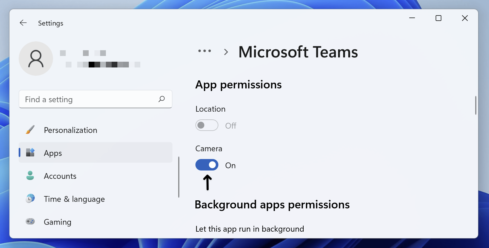 allow camera permissions for Microsoft Teams app to fix Microsoft Teams camera or video not working or showing