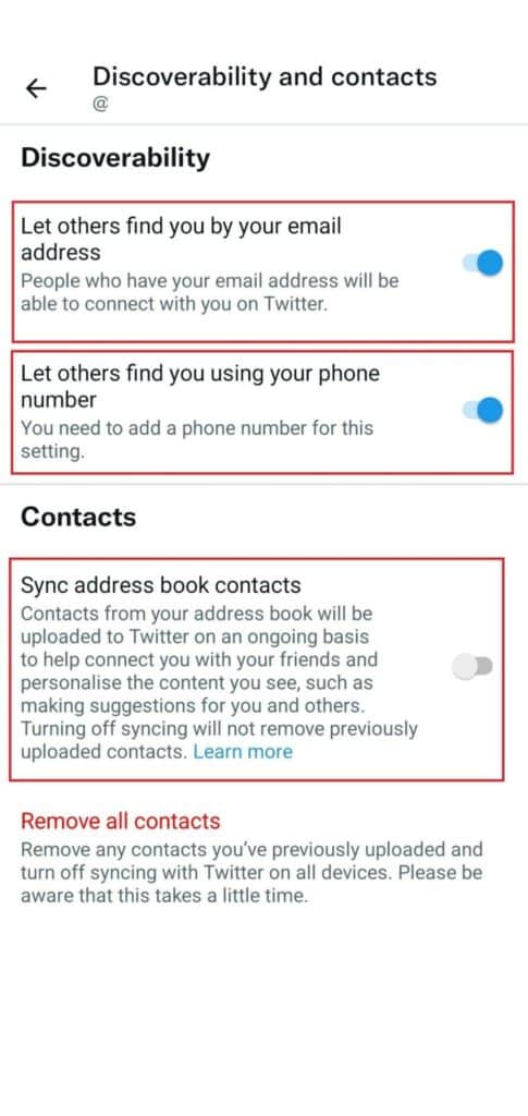 Search Twitter account with sync contacts method