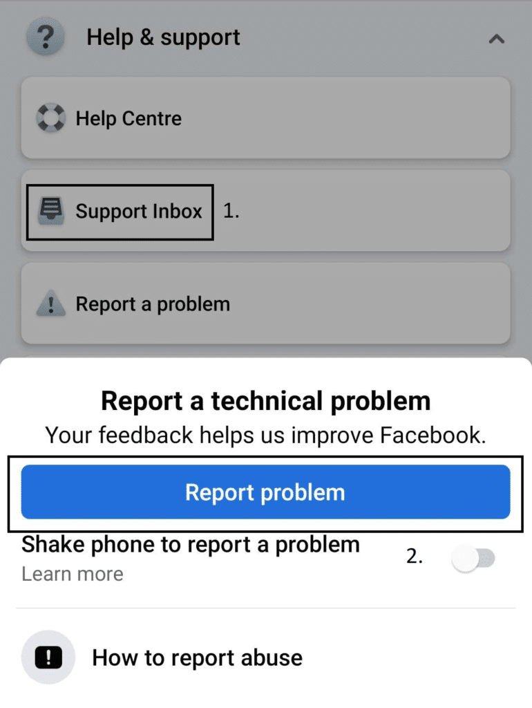 Report a problem to Facebook through help and support on mobile