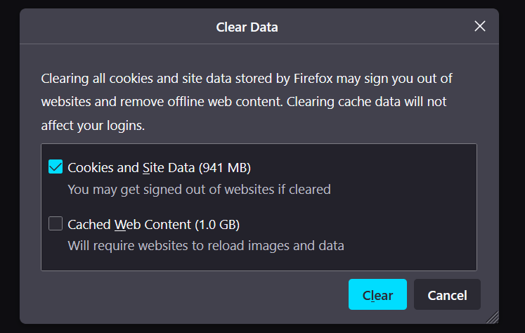 clear web browser cookies on Mozilla Firefox to fix the LinkedIn 'Unable to connect. Please try again later.' error or can’t send connection requests
