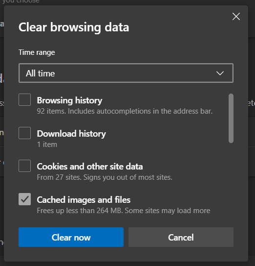 Clear web browser cache on Microsoft Edge to fix YouTube black or blank screen or not showing video only sound
