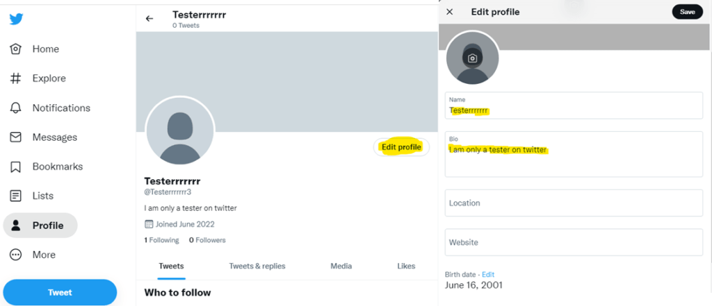 Complete your account profile on Twitter website