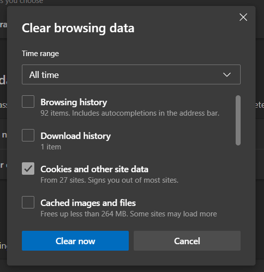 clear web browser cookies on Microsoft Edge to fix the LinkedIn 'Unable to connect. Please try again later.' error or can’t send connection requests