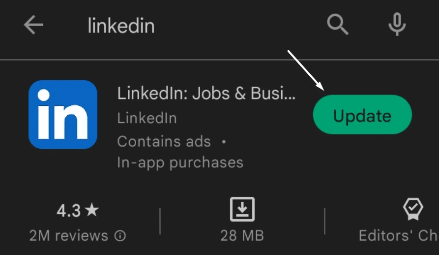 Update the LinkedIn app from the native app store on Android