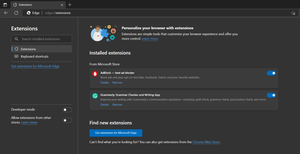 Disable browser extensions on Microsoft Edge