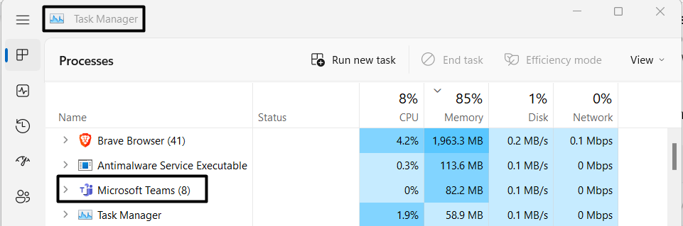 End the Microsoft Teams Process in task manager on Windows to fix Microsoft Teams keeps lagging