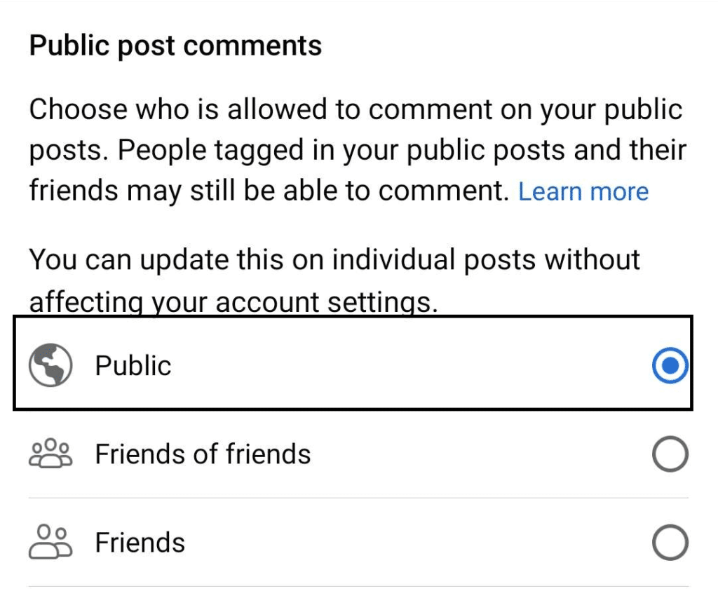 Enable the comment feature in Facebook on mobile